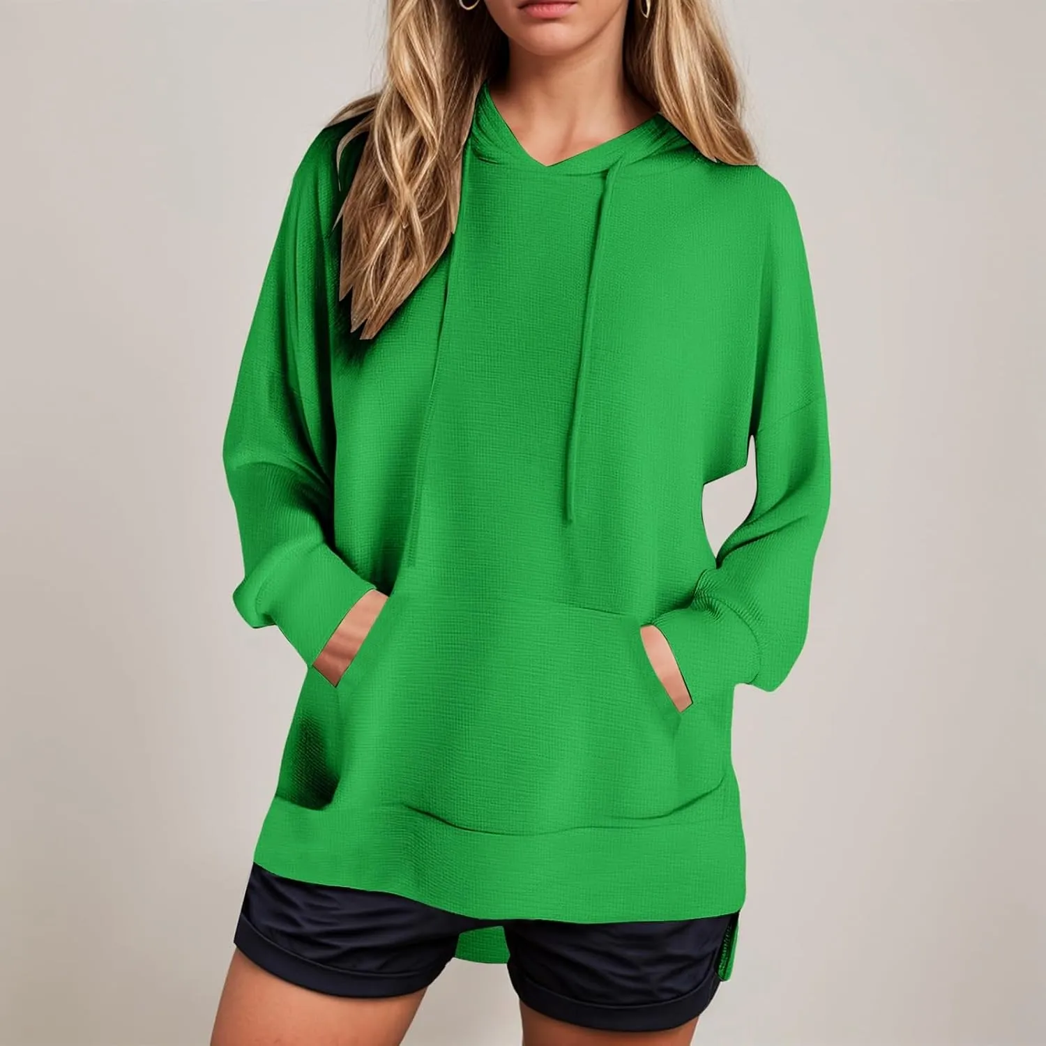 Oversized Hoodies for Women Waffle Knit Casual Long Sleeve Drawstring Side Slit Pullover Sweatshirt with Pocket