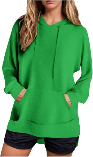 Oversized Hoodies for Women Waffle Knit Casual Long Sleeve Drawstring Side Slit Pullover Sweatshirt with Pocket