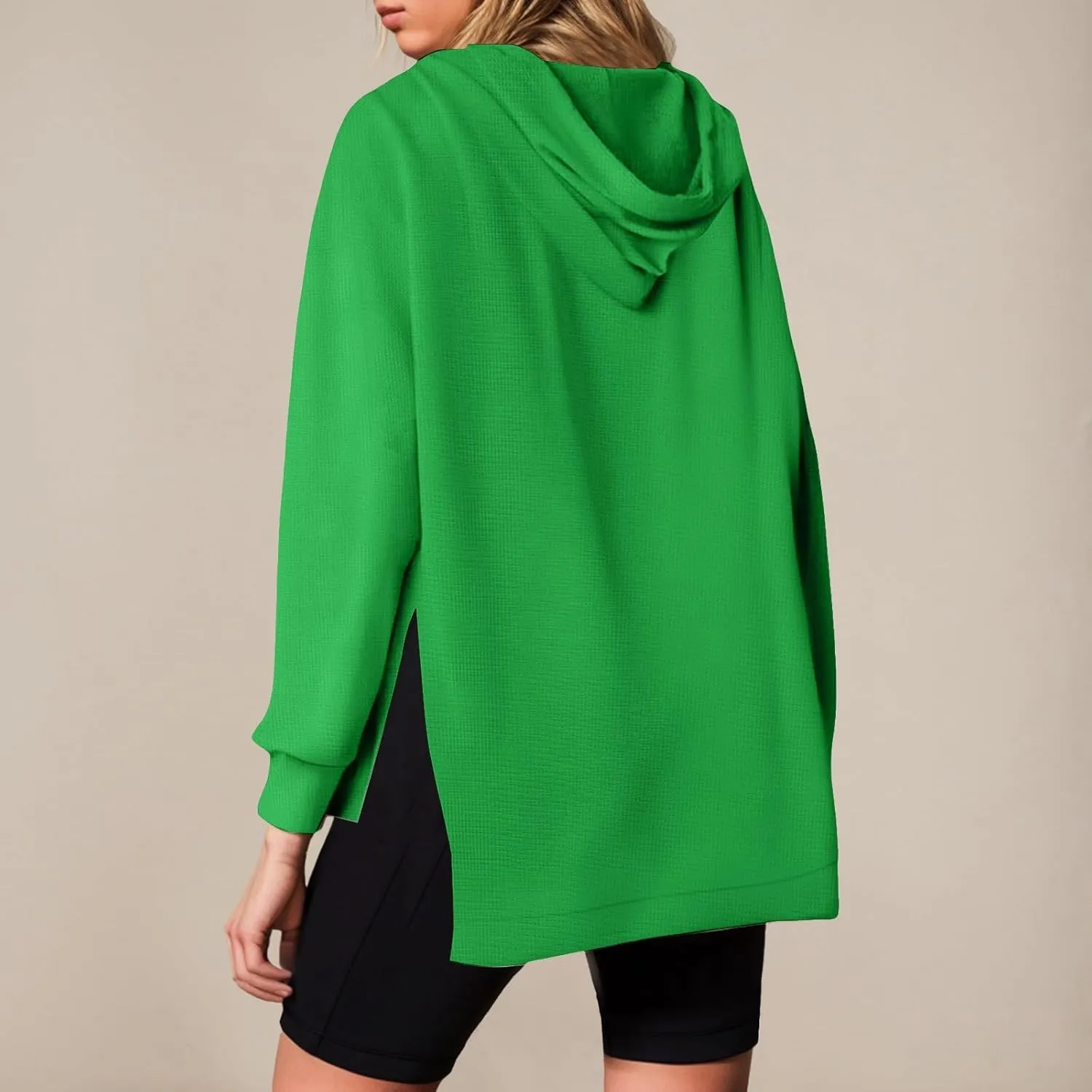 Oversized Hoodies for Women Waffle Knit Casual Long Sleeve Drawstring Side Slit Pullover Sweatshirt with Pocket