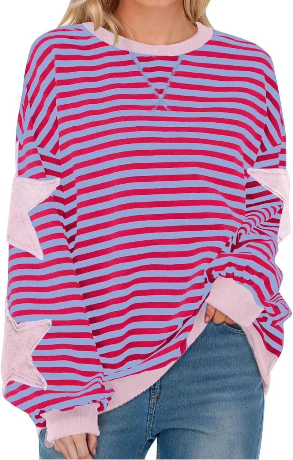 Oversized Sweatshirt for Women 2024 Fall Crewneck Star Striped Top Long Sleeve Preppy Y2K Hoodies Lightweight