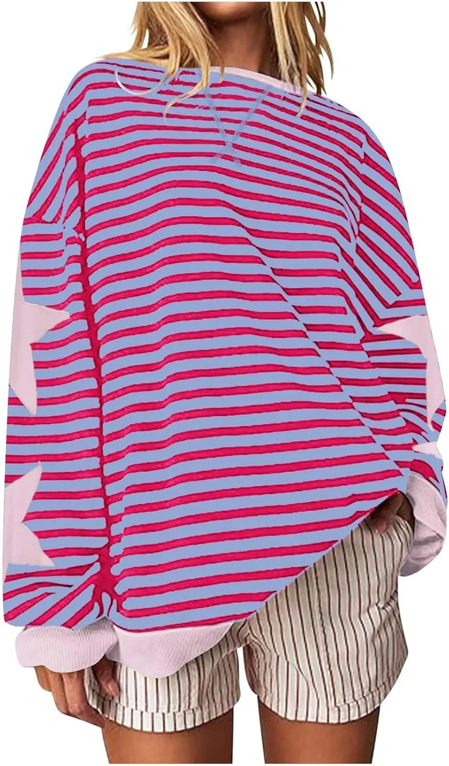 Oversized Sweatshirt for Women 2024 Fall Crewneck Star Striped Top Long Sleeve Preppy Y2K Hoodies Lightweight
