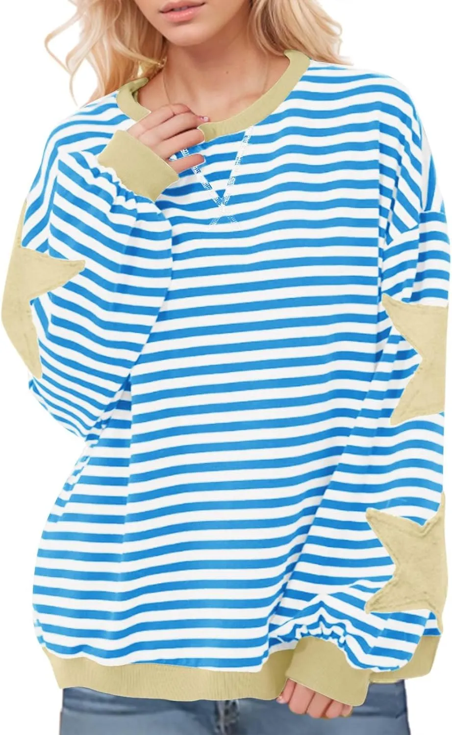 Oversized Sweatshirt for Women 2024 Fall Crewneck Star Striped Top Long Sleeve Preppy Y2K Hoodies Lightweight
