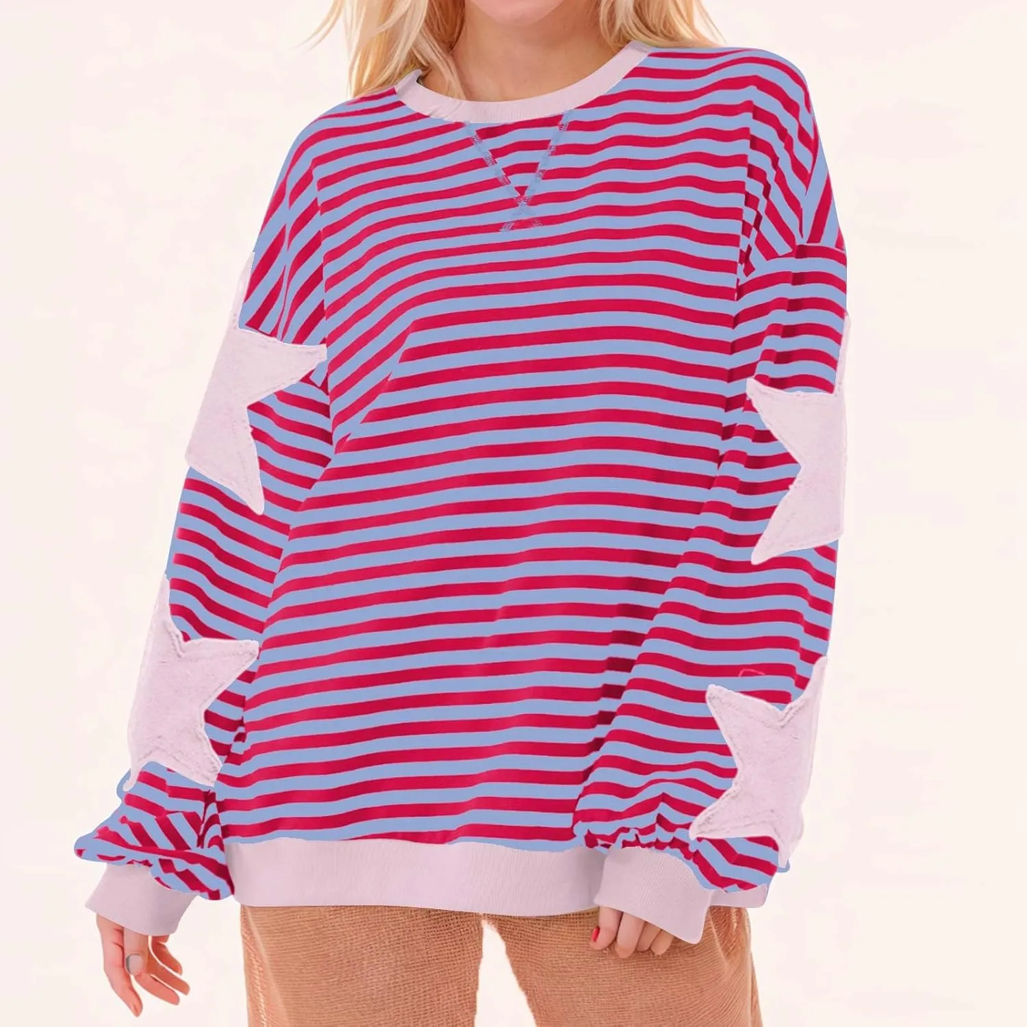 Oversized Sweatshirt for Women 2024 Fall Crewneck Star Striped Top Long Sleeve Preppy Y2K Hoodies Lightweight