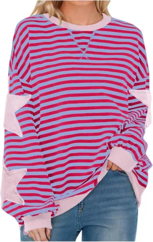 Oversized Sweatshirt for Women 2024 Fall Crewneck Star Striped Top Long Sleeve Preppy Y2K Hoodies Lightweight