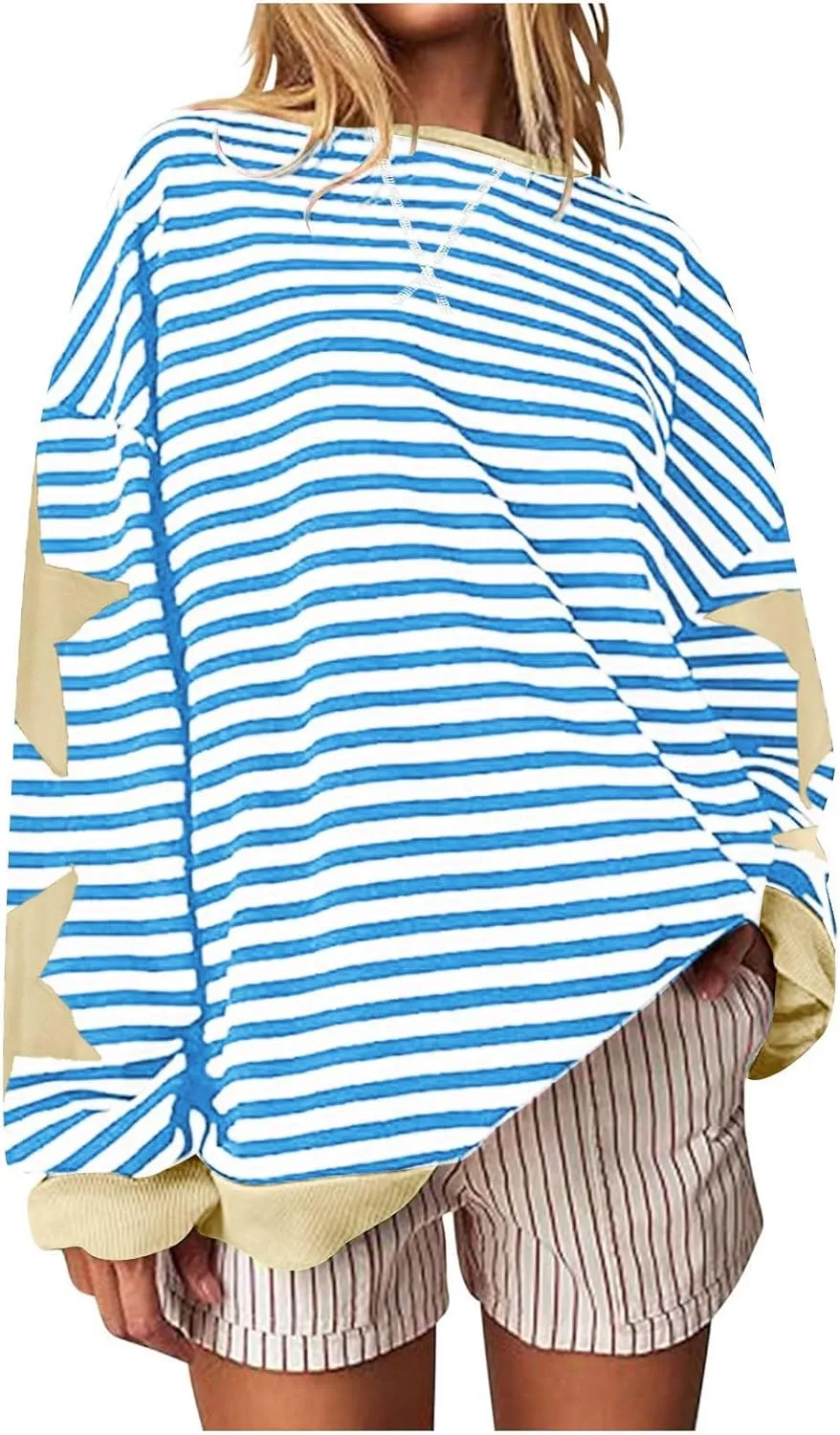 Oversized Sweatshirt for Women 2024 Fall Crewneck Star Striped Top Long Sleeve Preppy Y2K Hoodies Lightweight