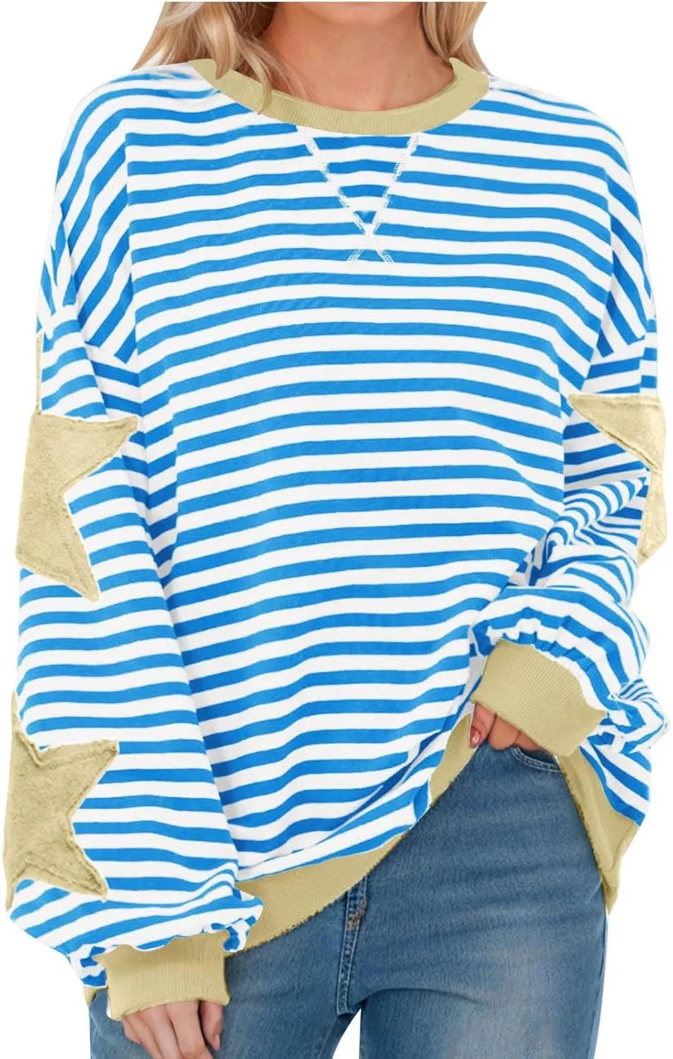 Oversized Sweatshirt for Women 2024 Fall Crewneck Star Striped Top Long Sleeve Preppy Y2K Hoodies Lightweight