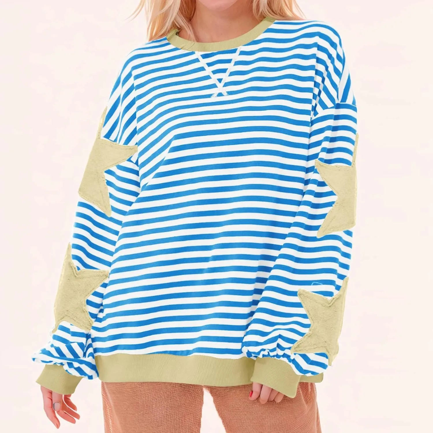 Oversized Sweatshirt for Women 2024 Fall Crewneck Star Striped Top Long Sleeve Preppy Y2K Hoodies Lightweight
