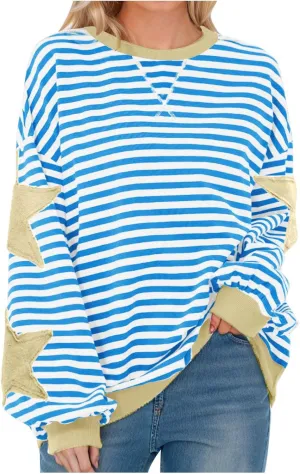 Oversized Sweatshirt for Women 2024 Fall Crewneck Star Striped Top Long Sleeve Preppy Y2K Hoodies Lightweight