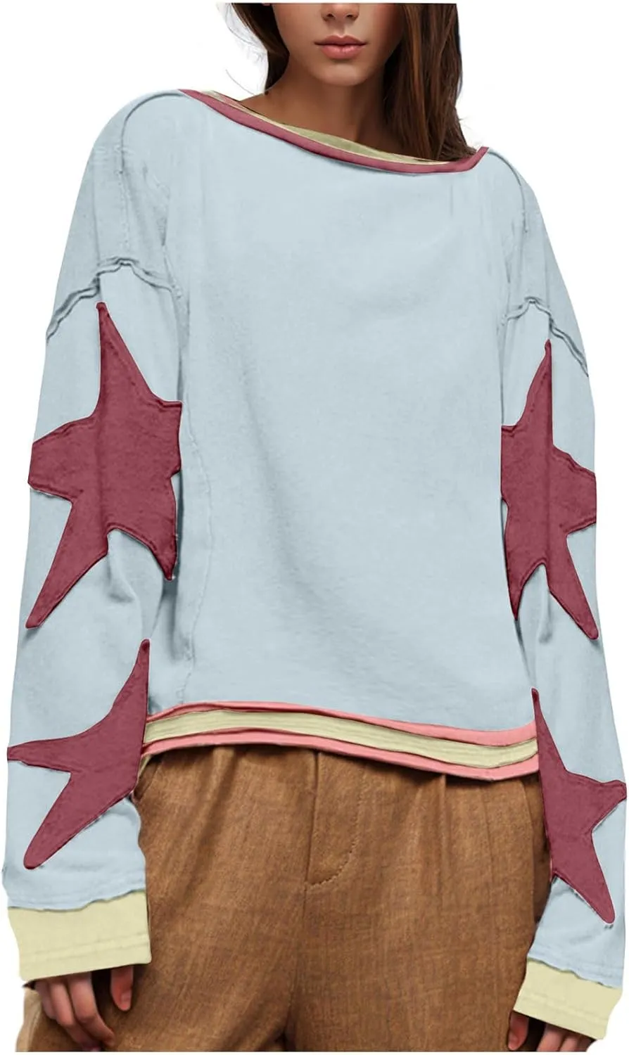 Oversized Sweatshirts For Women Crewneck Long Sleeve Casual Pullover Color Block Hoodie Tops Y2K Fall Clothes