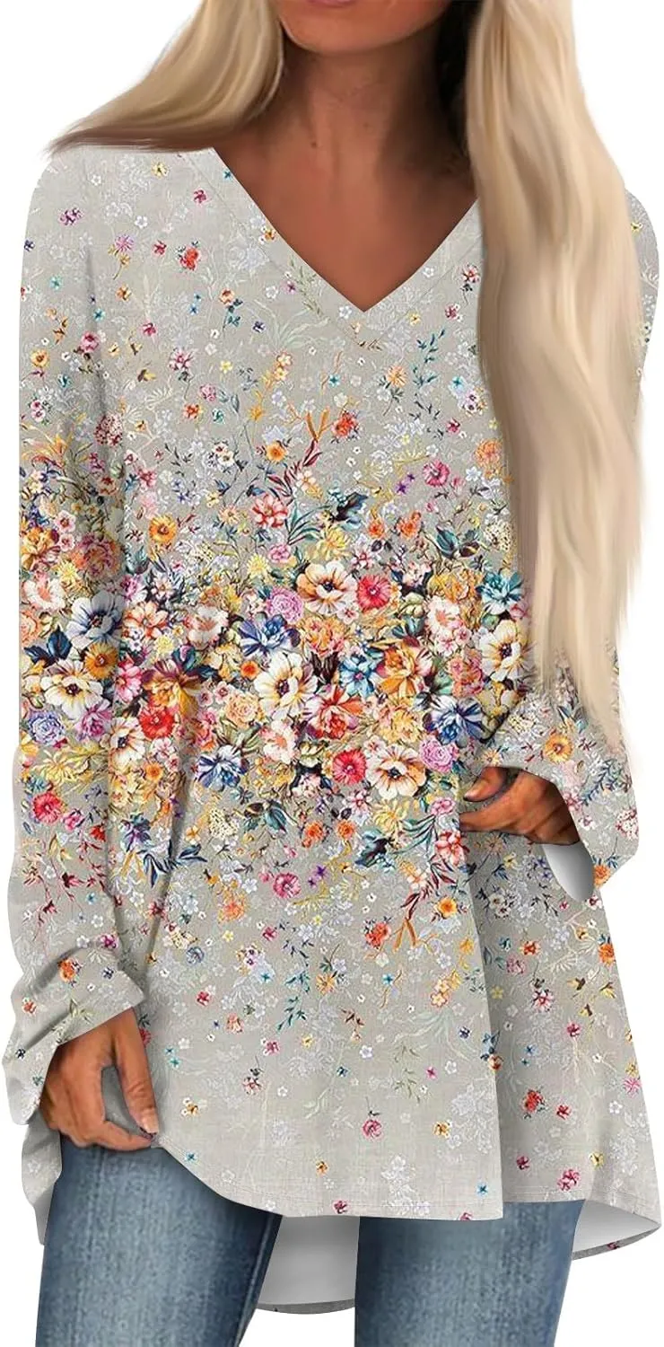 Oversized Tshirts for Women Long Sleeve Womens Tops Dressy Casual Fall V Neck Tunic Tops, Small-8X-Large