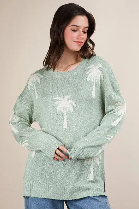 Palm Tree Graphic Oversized Knit Sweater mint