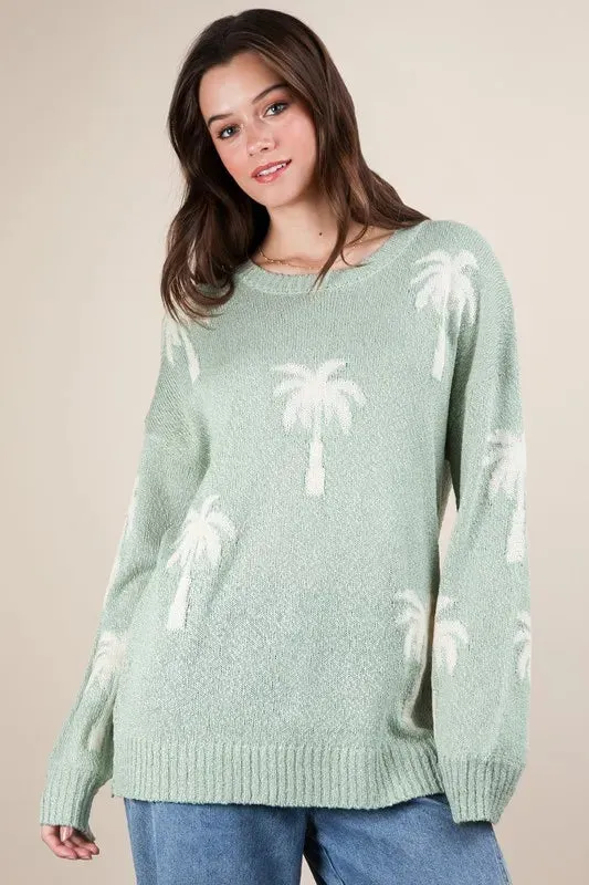 Palm Tree Graphic Oversized Knit Sweater mint