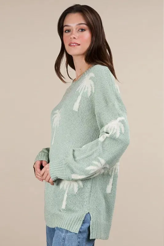 Palm Tree Graphic Oversized Knit Sweater mint