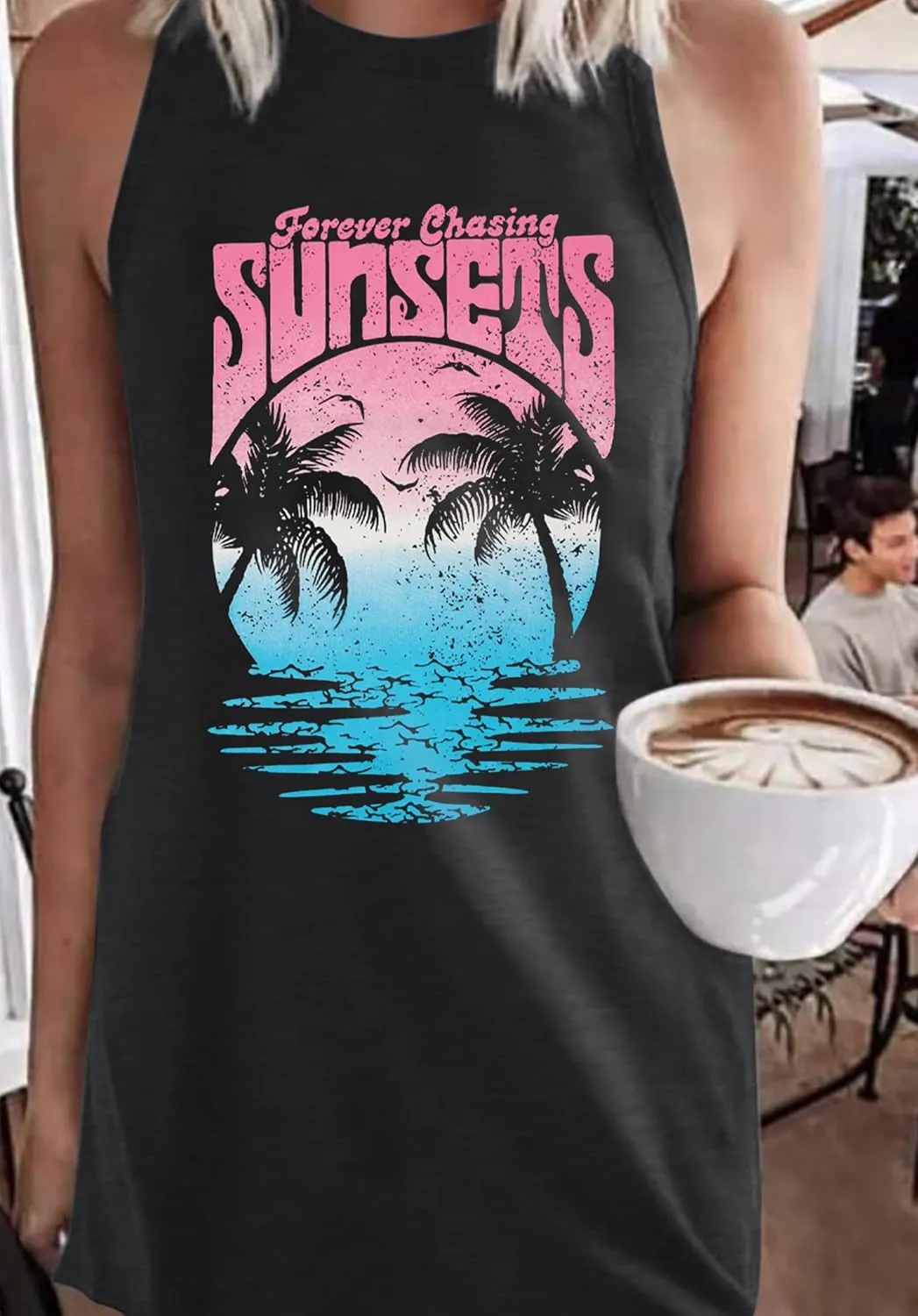 Palm Tree Mini Tank Dress Women Casual Sundress Beach Sunset Summer Sleeveless Dresses