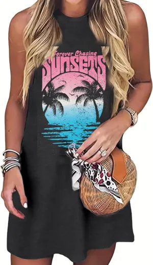 Palm Tree Mini Tank Dress Women Casual Sundress Beach Sunset Summer Sleeveless Dresses