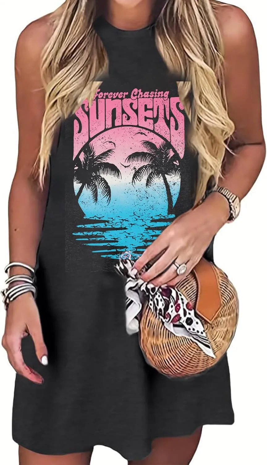 Palm Tree Mini Tank Dress Women Casual Sundress Beach Sunset Summer Sleeveless Dresses