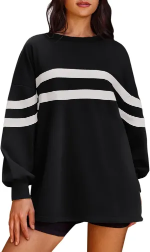 Panadila Womens Oversized Crewneck Sweatshirt Striped Pullover Long Sleeve Tunic Tops to Wear with Leggings