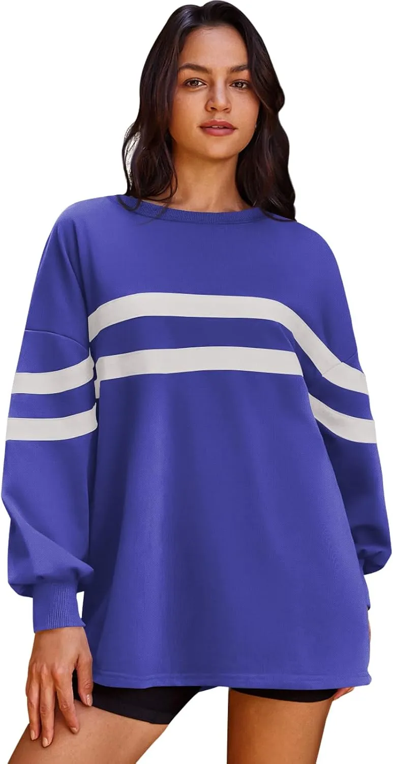Panadila Womens Oversized Crewneck Sweatshirt Striped Pullover Long Sleeve Tunic Tops to Wear with Leggings
