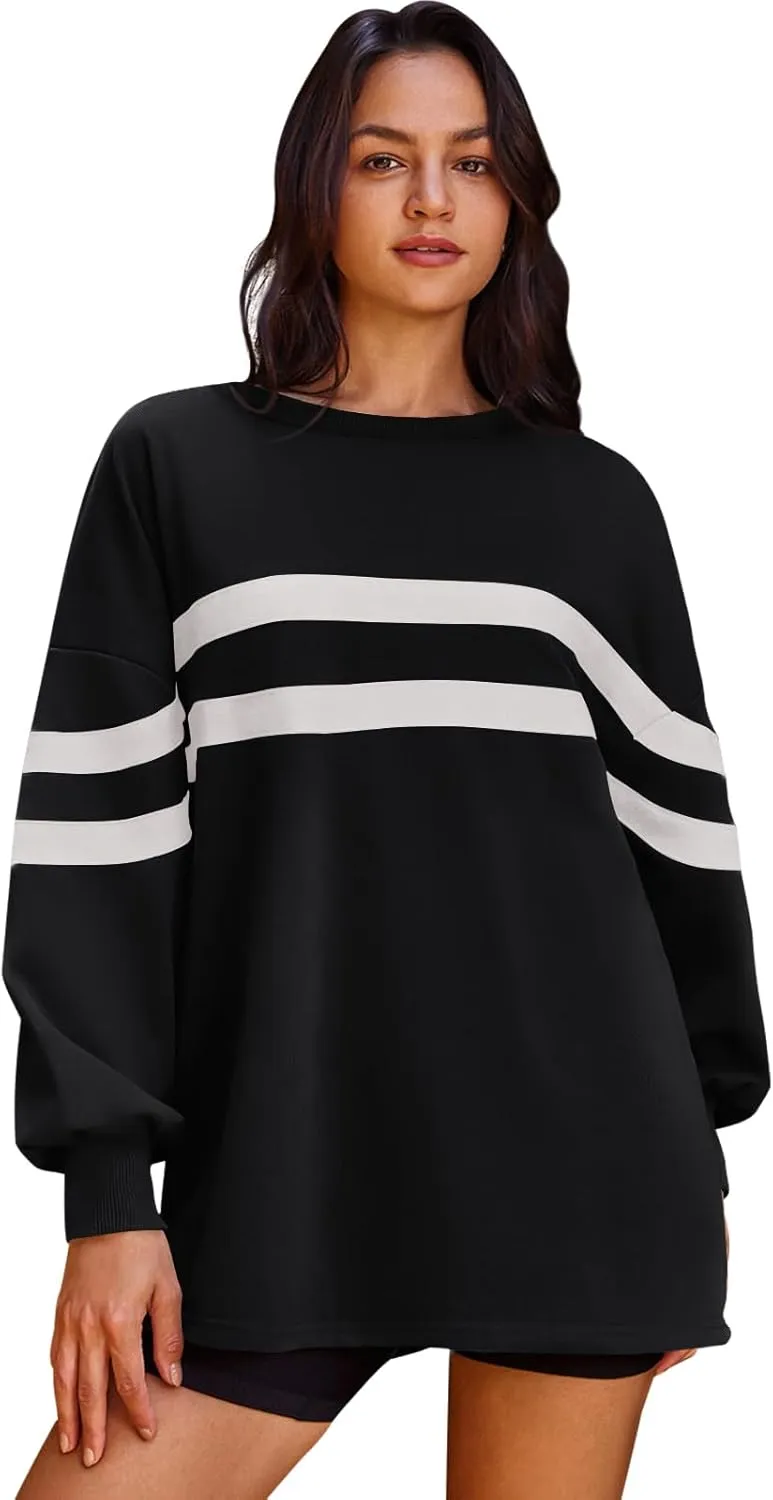 Panadila Womens Oversized Crewneck Sweatshirt Striped Pullover Long Sleeve Tunic Tops to Wear with Leggings