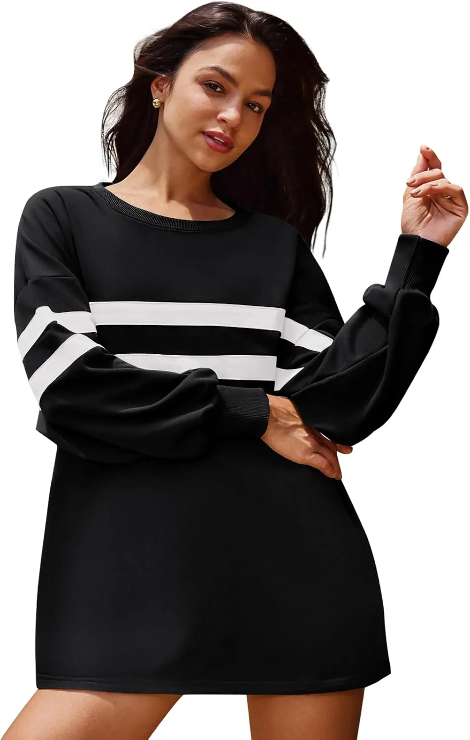 Panadila Womens Oversized Crewneck Sweatshirt Striped Pullover Long Sleeve Tunic Tops to Wear with Leggings