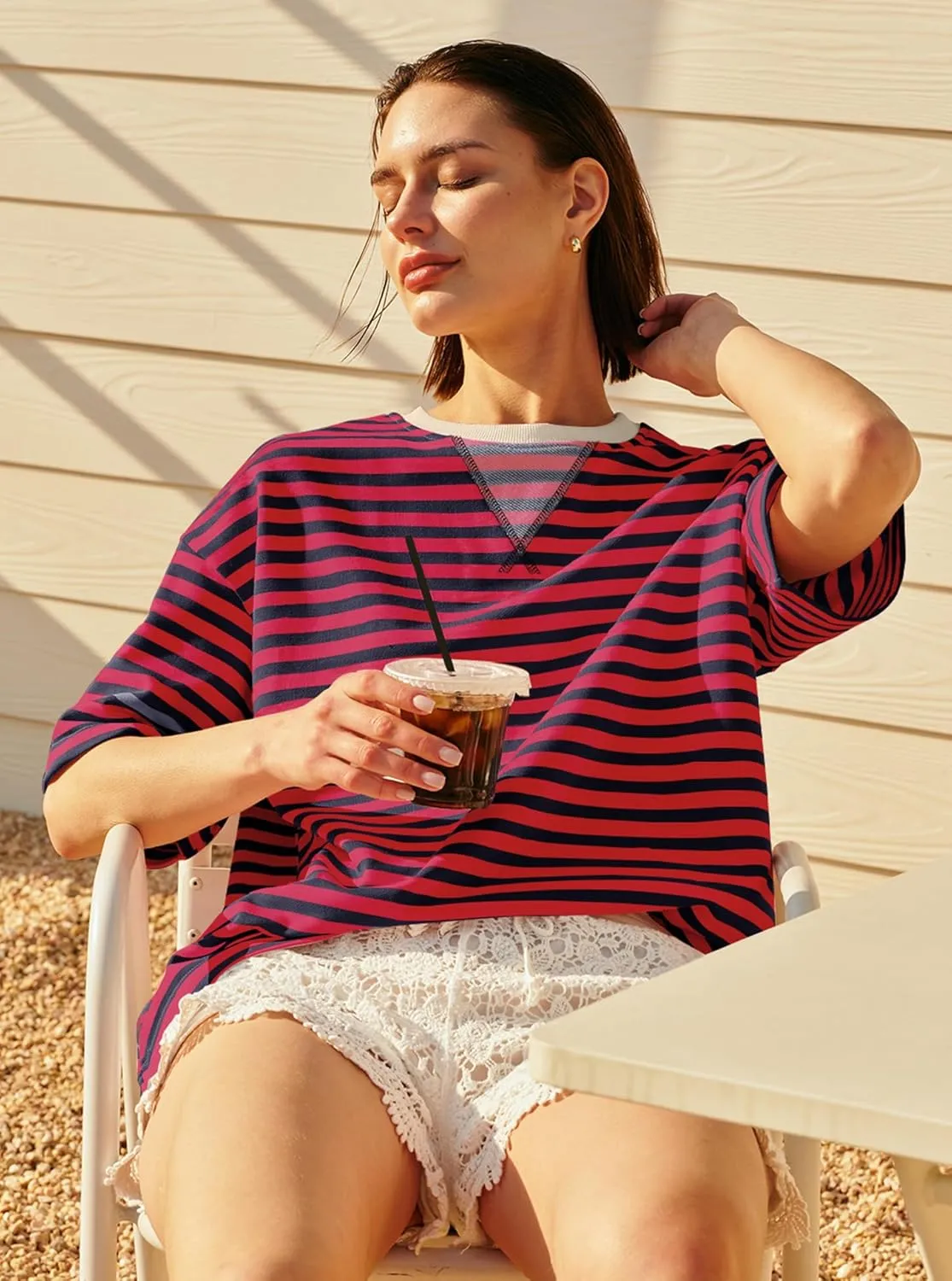 Panadila Womens Striped Short Sleeve Tunic Tops Oversized Crewneck T Shirt Casual Loose Fit Color Block Sweatshirt
