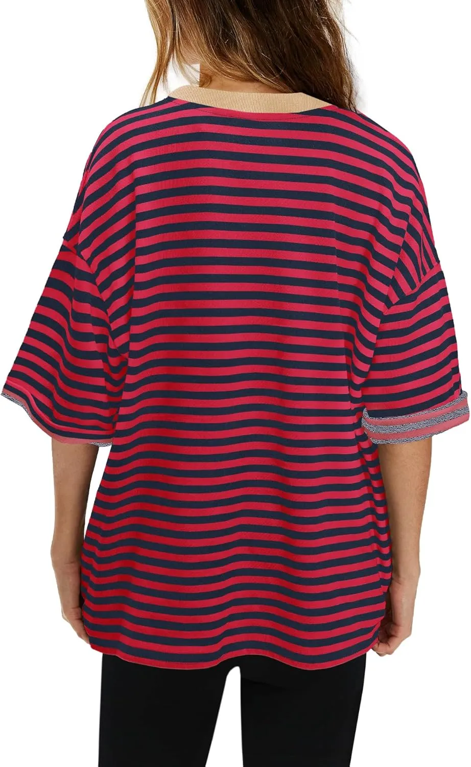Panadila Womens Striped Short Sleeve Tunic Tops Oversized Crewneck T Shirt Casual Loose Fit Color Block Sweatshirt