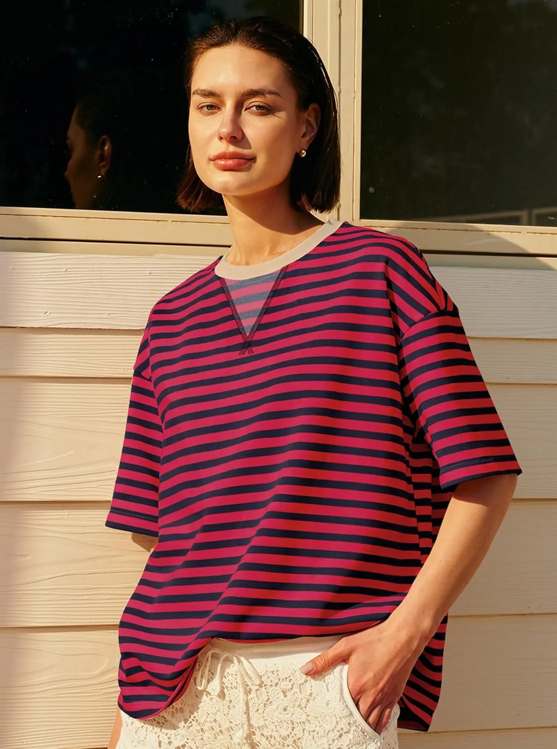 Panadila Womens Striped Short Sleeve Tunic Tops Oversized Crewneck T Shirt Casual Loose Fit Color Block Sweatshirt