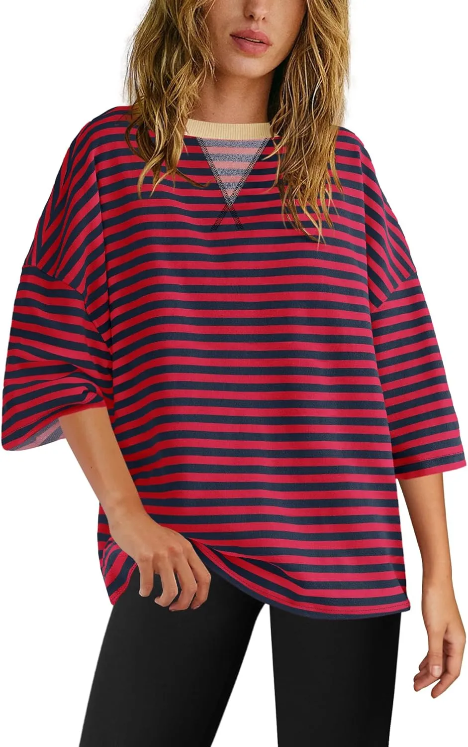 Panadila Womens Striped Short Sleeve Tunic Tops Oversized Crewneck T Shirt Casual Loose Fit Color Block Sweatshirt