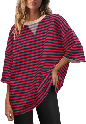 Panadila Womens Striped Short Sleeve Tunic Tops Oversized Crewneck T Shirt Casual Loose Fit Color Block Sweatshirt