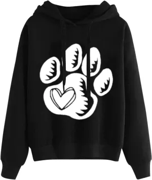 Paw Print Heart Hoodie Women Long Sleeve Pullover Sweatshirt Fleece Relaxed Soft Casual Dailywear Fall Winter Lounge