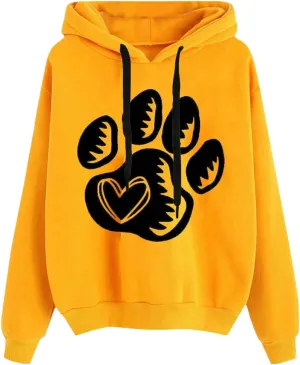 Paw Print Heart Hoodie Women Long Sleeve Pullover Sweatshirt Fleece Relaxed Soft Casual Dailywear Fall Winter Lounge