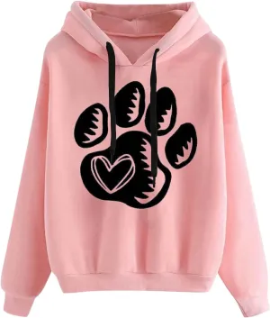Paw Print Heart Hoodie Women Long Sleeve Pullover Sweatshirt Fleece Relaxed Soft Casual Dailywear Fall Winter Lounge