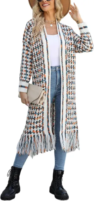 Perbai Womens Boho Cardigan Sweater Open Front Fringed Tassels Aztec Maxi Cardigan Jacket