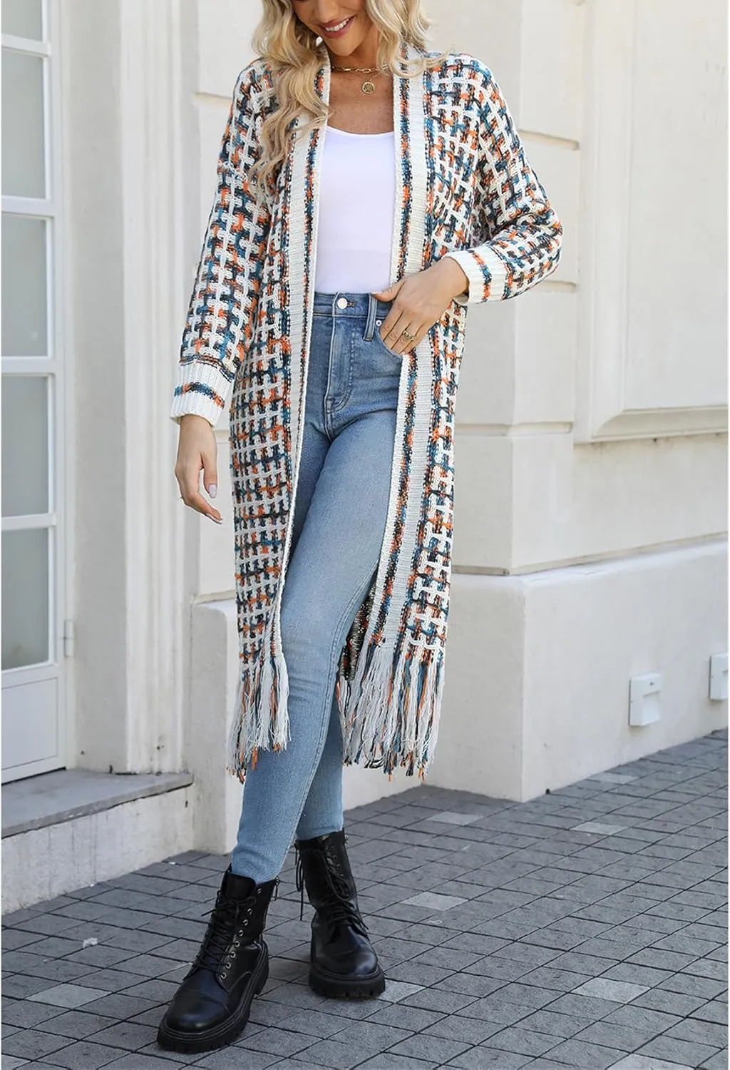 Perbai Womens Boho Cardigan Sweater Open Front Fringed Tassels Aztec Maxi Cardigan Jacket