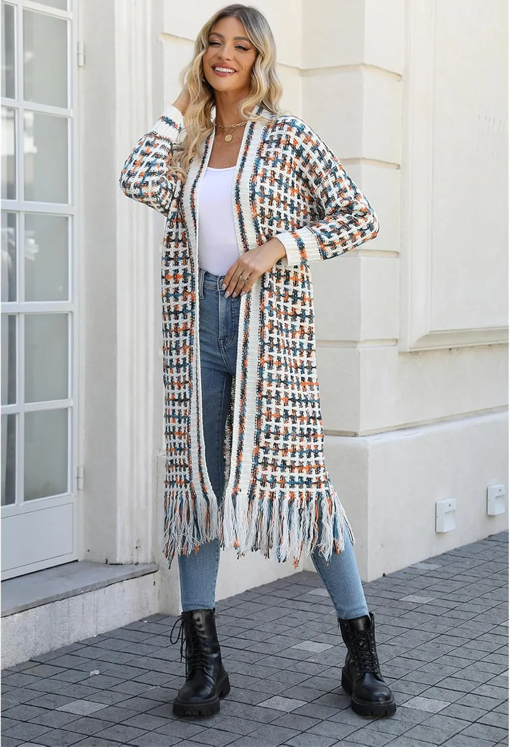 Perbai Womens Boho Cardigan Sweater Open Front Fringed Tassels Aztec Maxi Cardigan Jacket