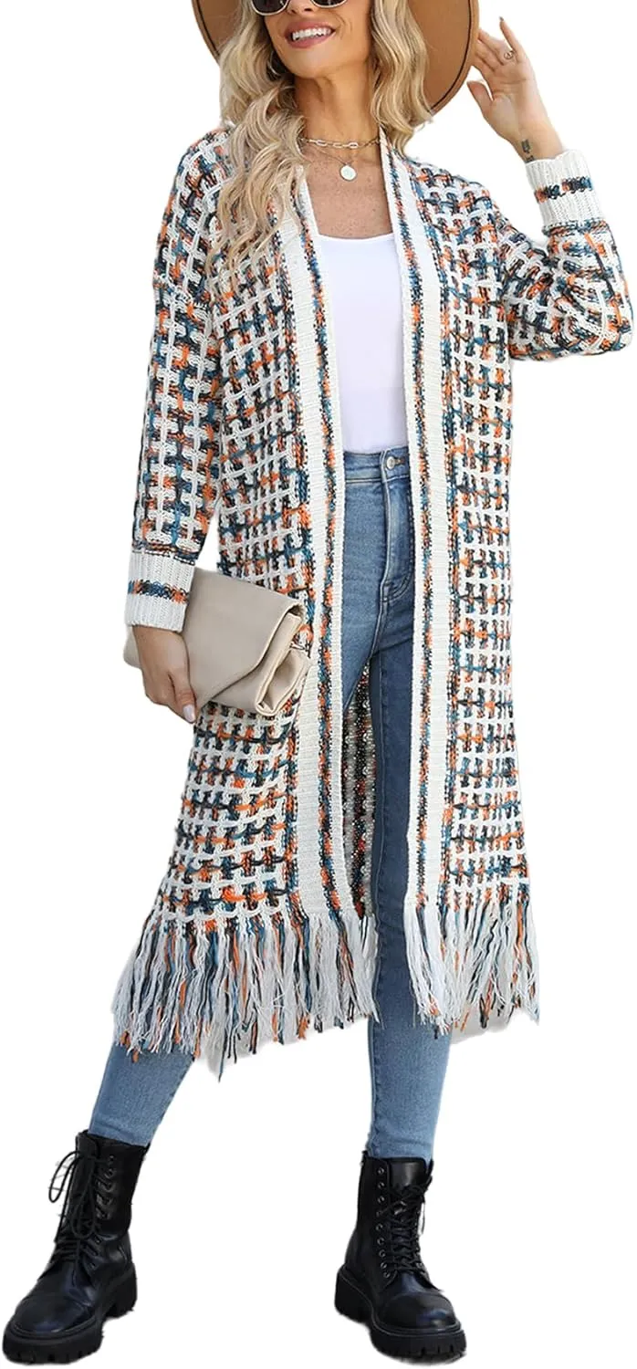 Perbai Womens Boho Cardigan Sweater Open Front Fringed Tassels Aztec Maxi Cardigan Jacket