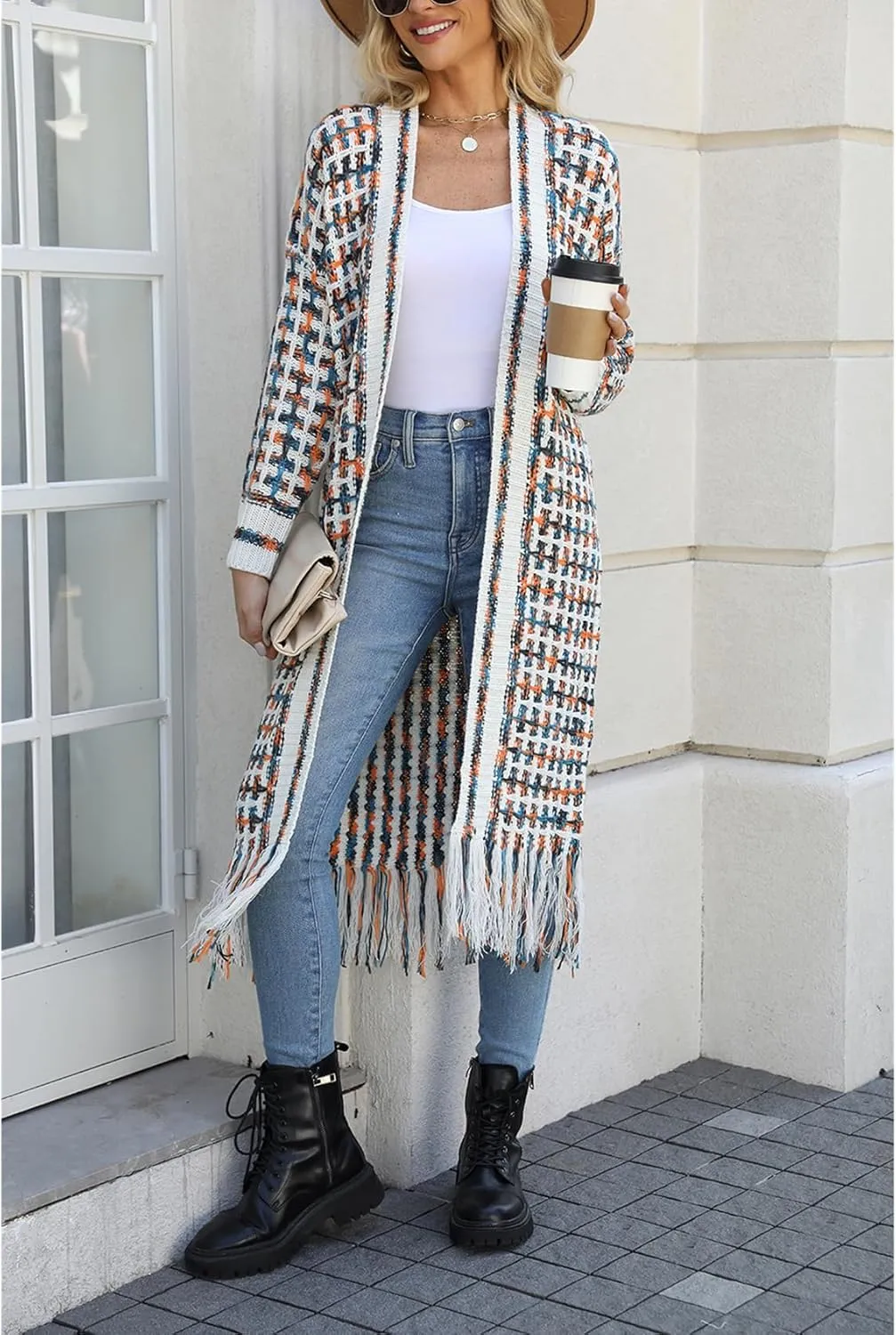 Perbai Womens Boho Cardigan Sweater Open Front Fringed Tassels Aztec Maxi Cardigan Jacket
