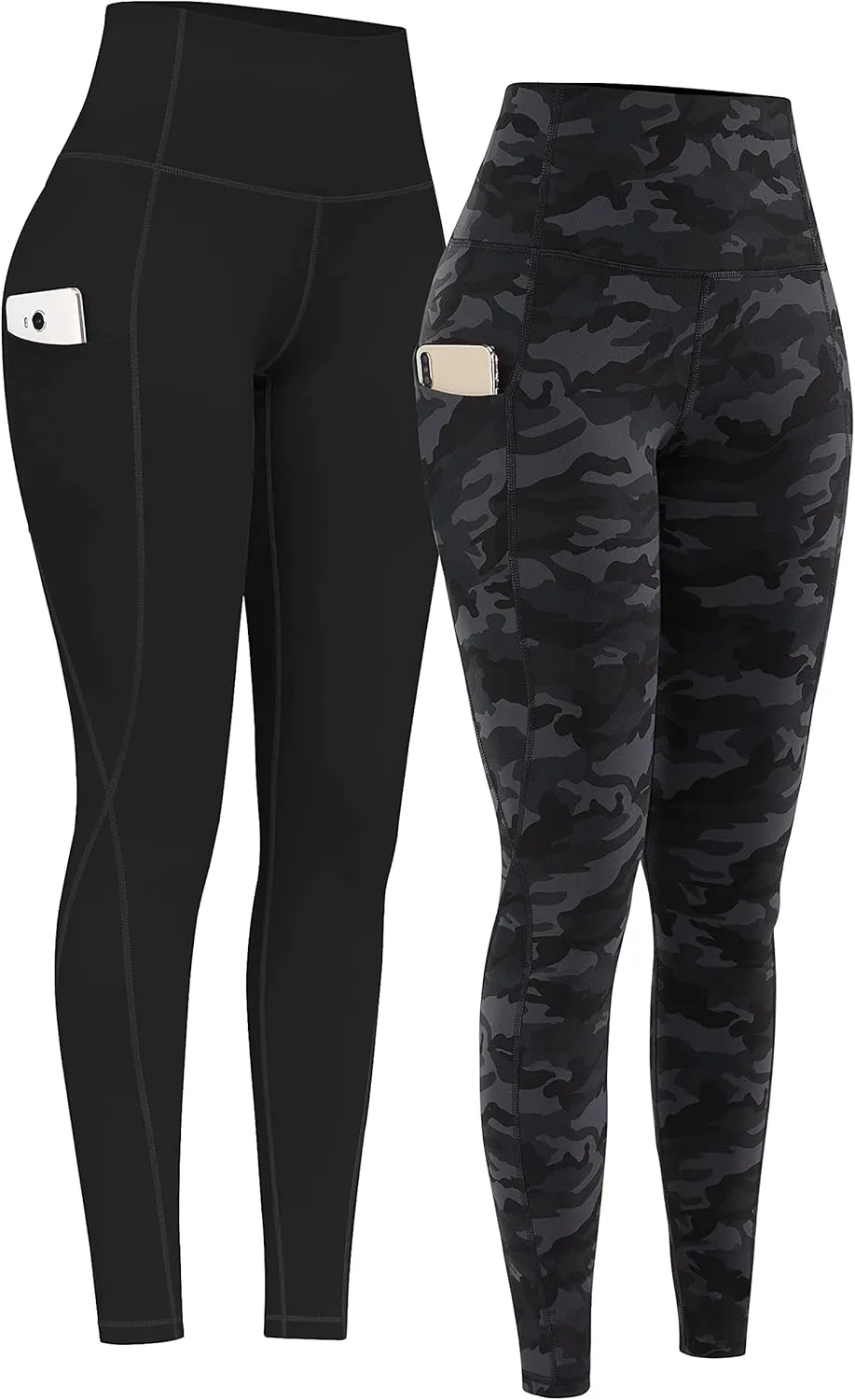 PHISOCKAT 2 Pack High Waist Yoga Pants with Pockets, Tummy Control Leggings, Workout 4 Way Stretch Yoga Leggings