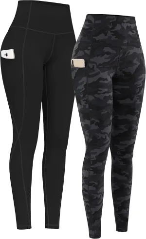 PHISOCKAT 2 Pack High Waist Yoga Pants with Pockets, Tummy Control Leggings, Workout 4 Way Stretch Yoga Leggings