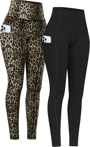 PHISOCKAT 2 Pack High Waist Yoga Pants with Pockets, Tummy Control Leggings, Workout 4 Way Stretch Yoga Leggings