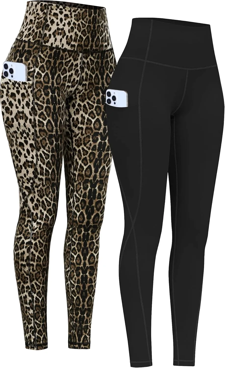 PHISOCKAT 2 Pack High Waist Yoga Pants with Pockets, Tummy Control Leggings, Workout 4 Way Stretch Yoga Leggings