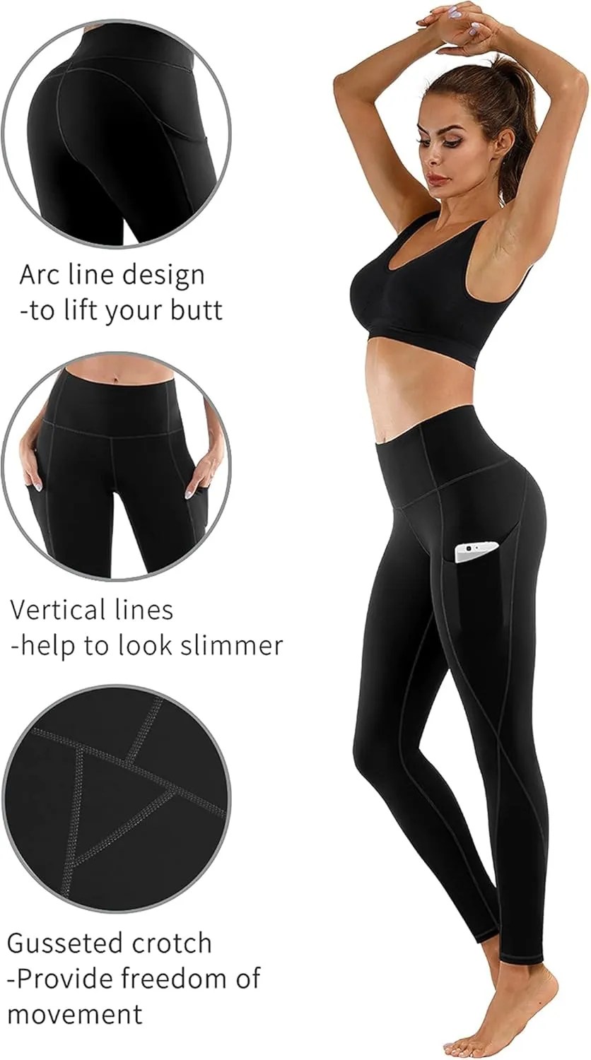 PHISOCKAT 2 Pack High Waist Yoga Pants with Pockets, Tummy Control Leggings, Workout 4 Way Stretch Yoga Leggings