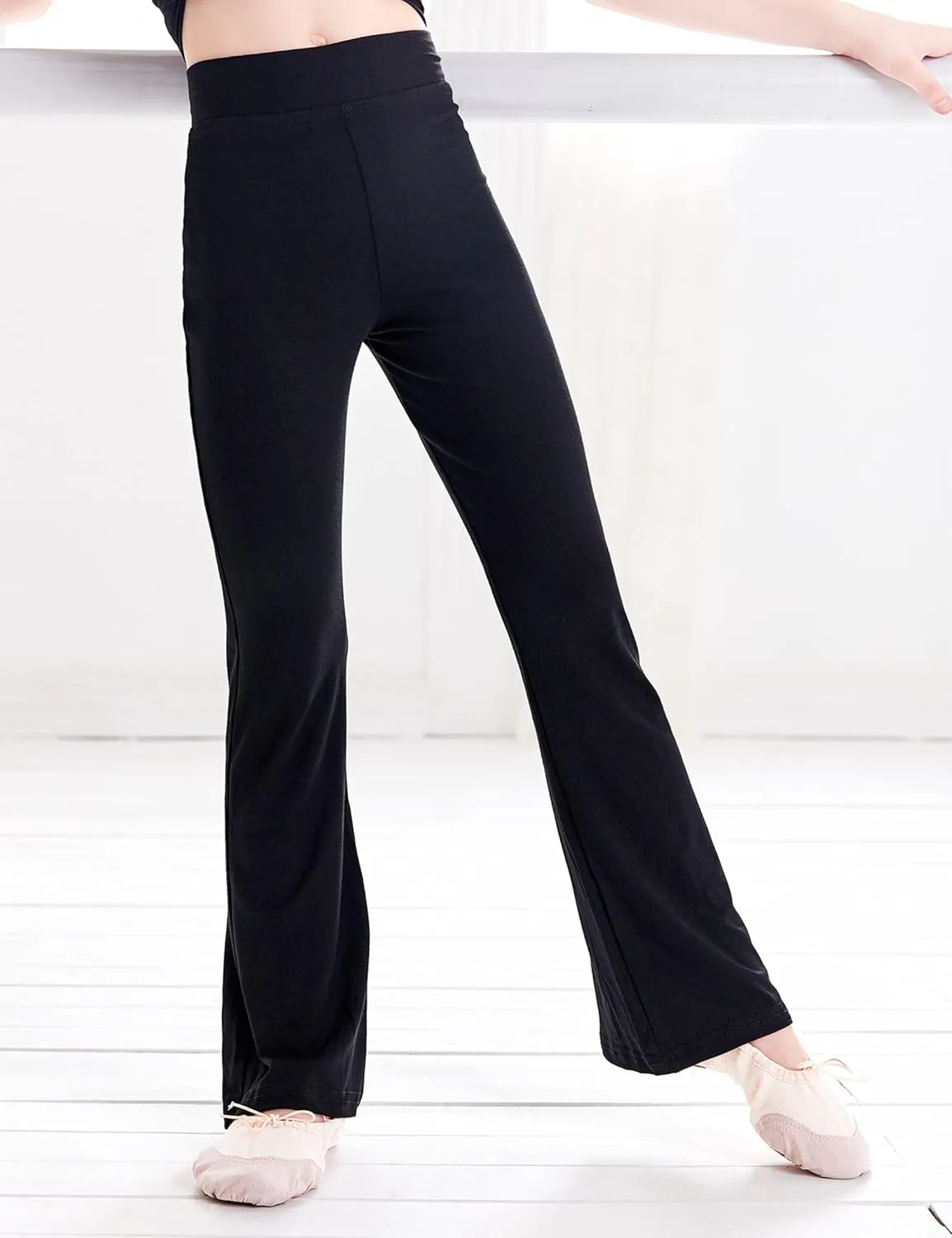 Phoeswan Girl's Leggings High Waisted Flare Leggings Pants, Cotton Black Bell Bottoms for Girls, Full Length Jazz Dance Pants