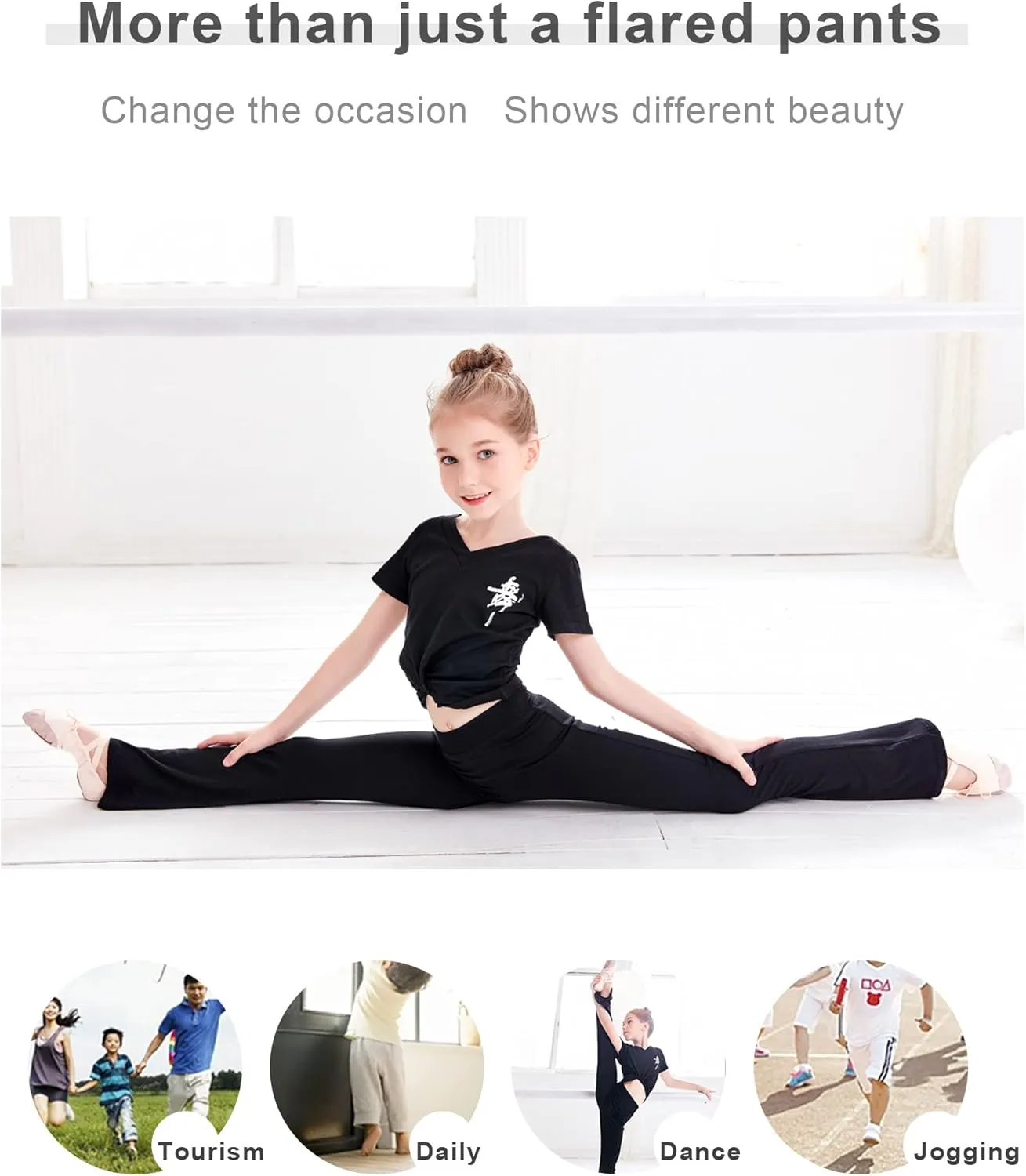 Phoeswan Girl's Leggings High Waisted Flare Leggings Pants, Cotton Black Bell Bottoms for Girls, Full Length Jazz Dance Pants
