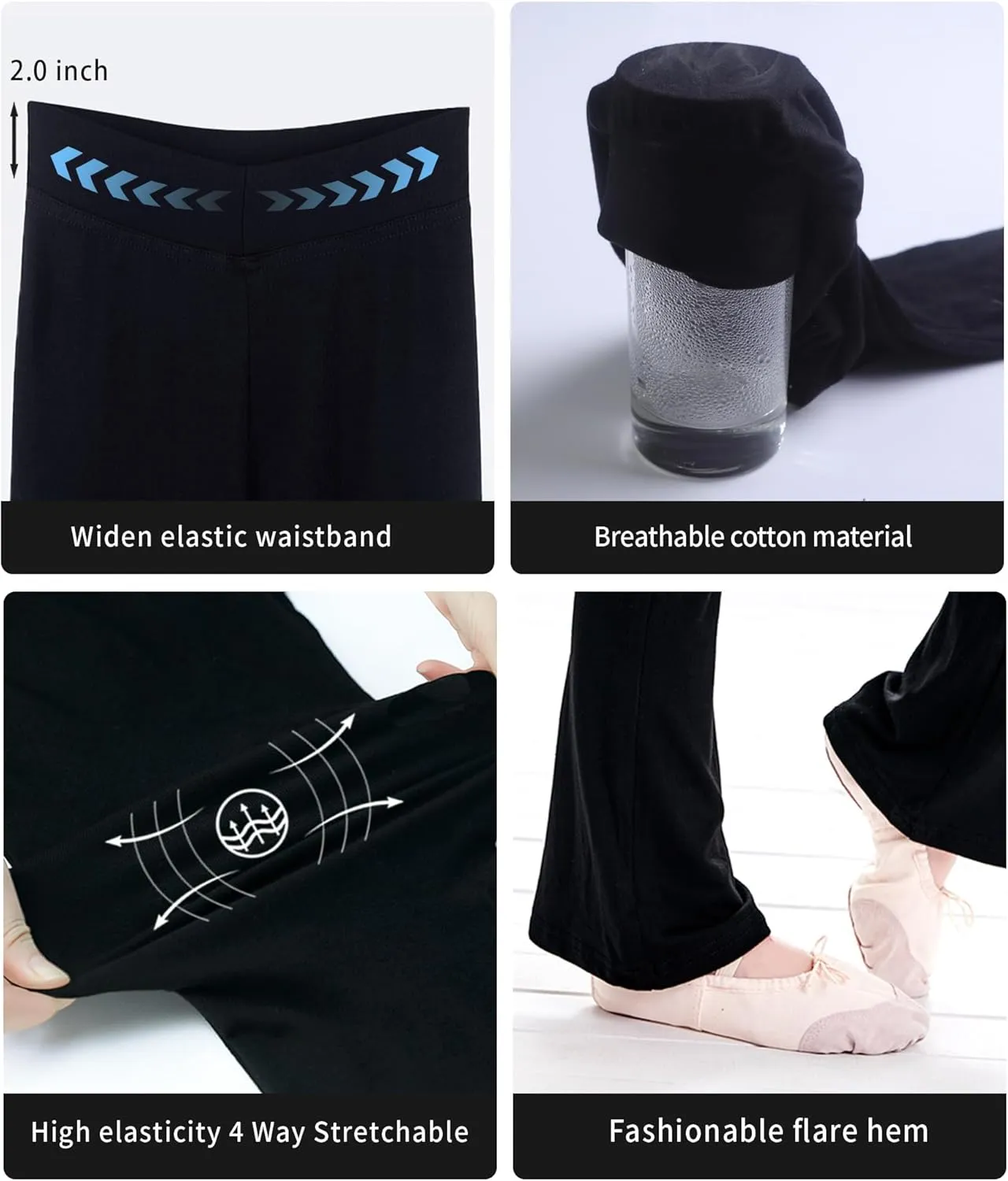 Phoeswan Girl's Leggings High Waisted Flare Leggings Pants, Cotton Black Bell Bottoms for Girls, Full Length Jazz Dance Pants
