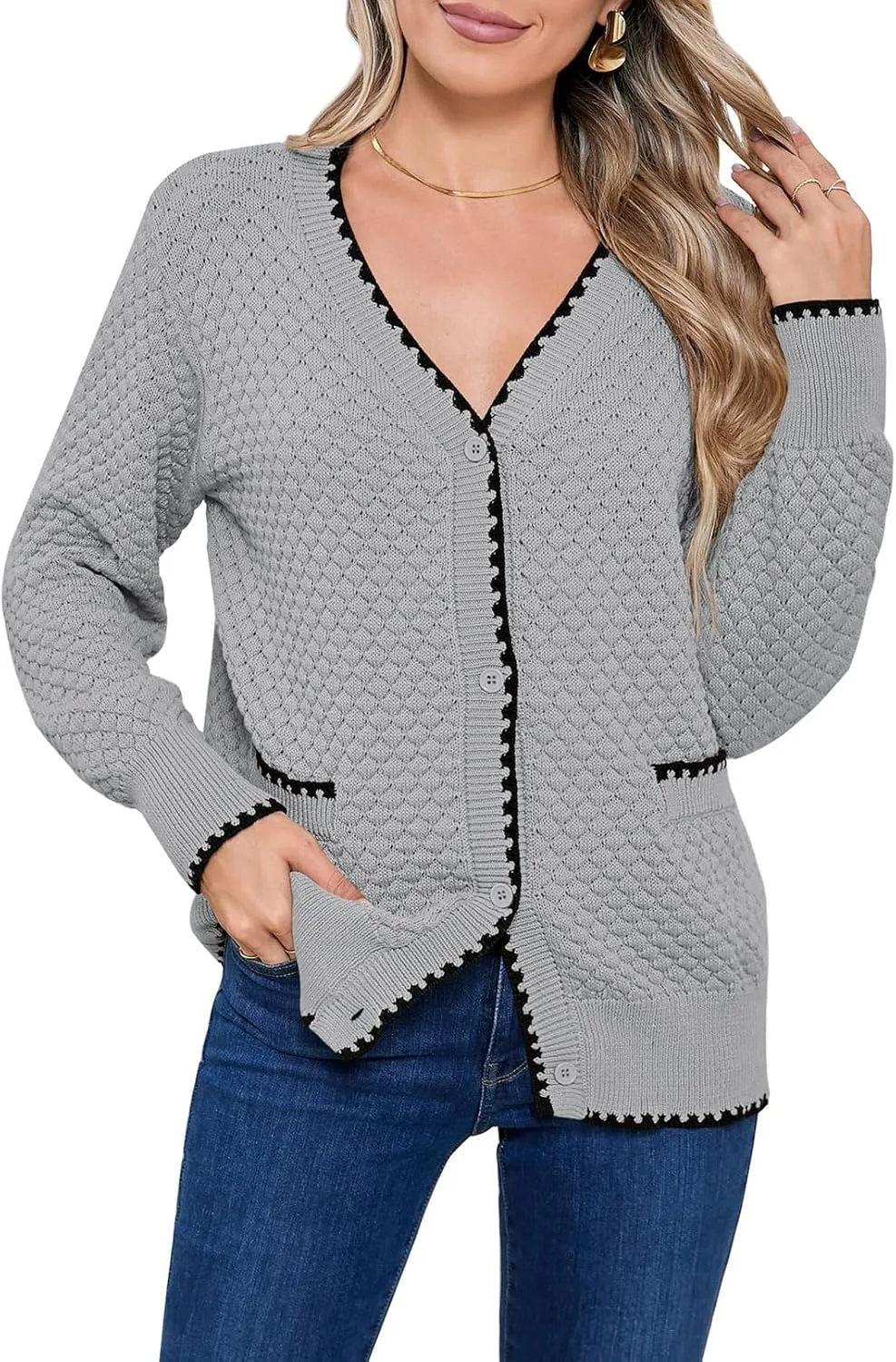Pink Queen Women's Cropped Cardigan 2024 Long Sleeve V-Neck Button Down Knit Sweater Tops Open Front Lightweight