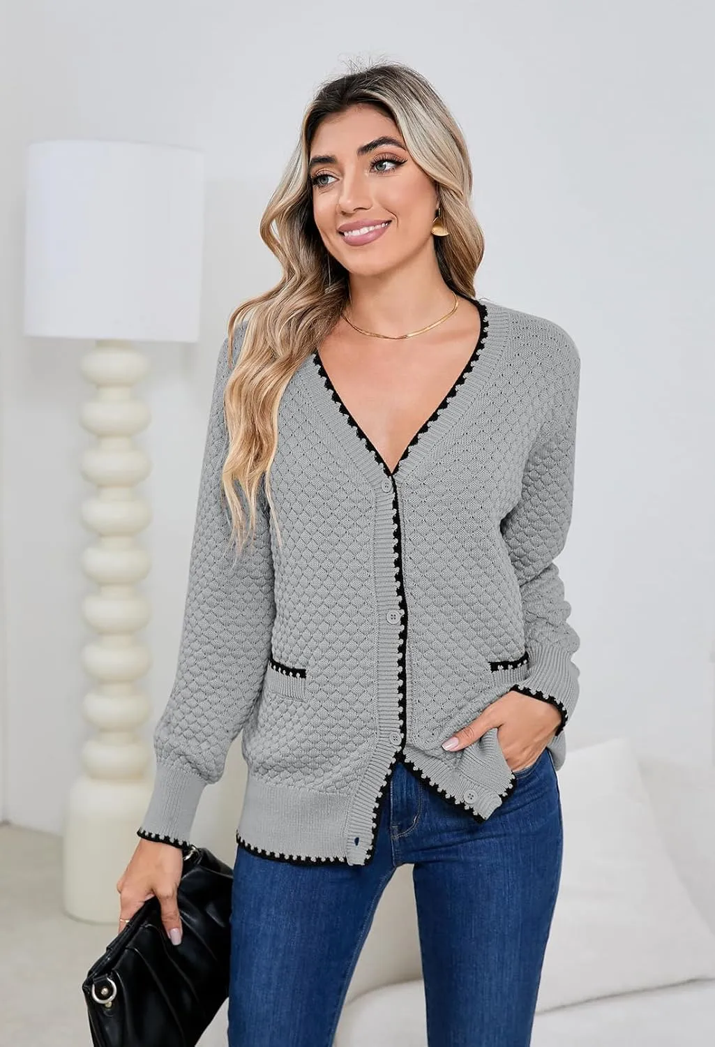 Pink Queen Women's Cropped Cardigan 2024 Long Sleeve V-Neck Button Down Knit Sweater Tops Open Front Lightweight