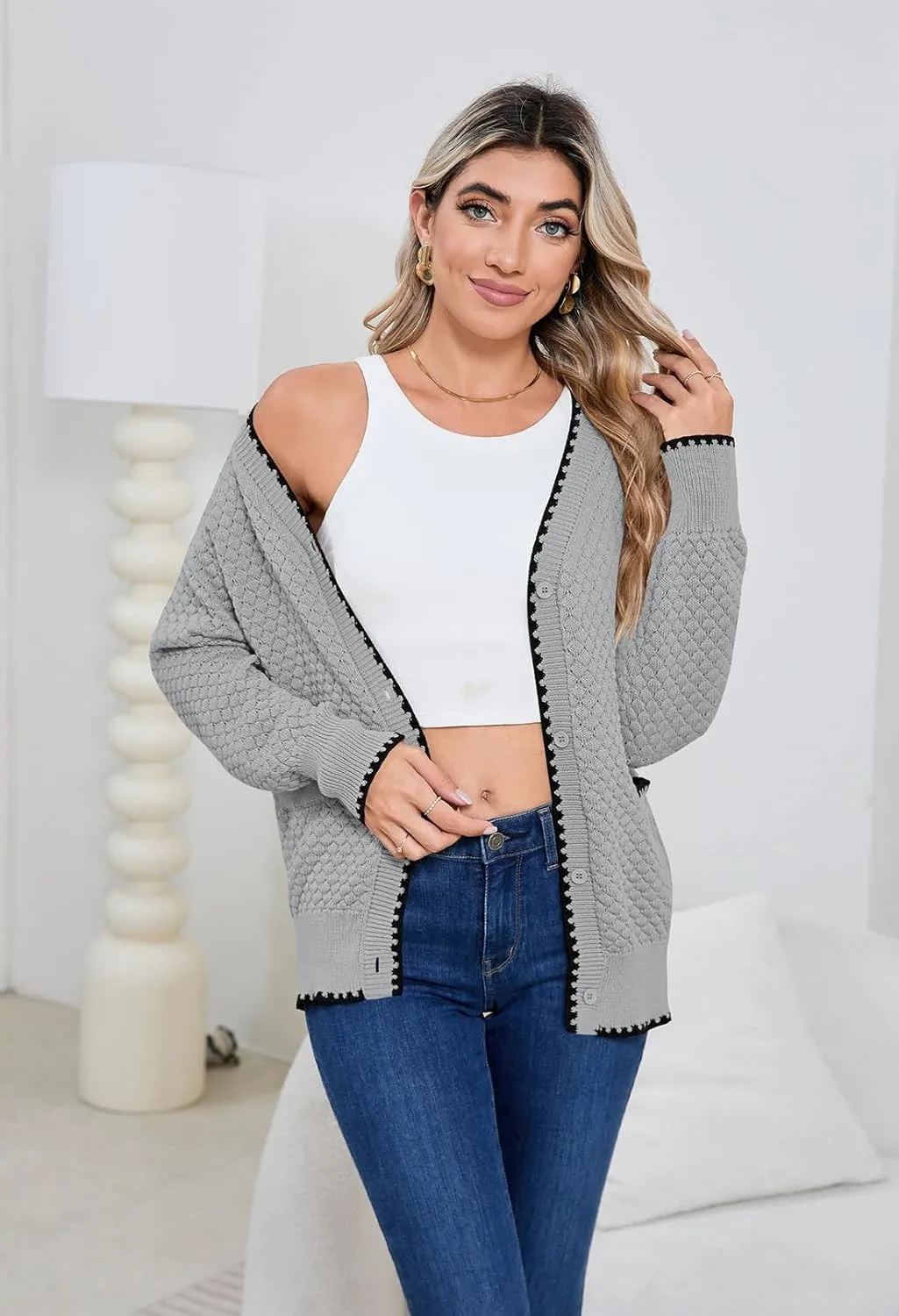 Pink Queen Women's Cropped Cardigan 2024 Long Sleeve V-Neck Button Down Knit Sweater Tops Open Front Lightweight