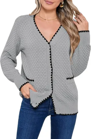Pink Queen Women's Cropped Cardigan 2024 Long Sleeve V-Neck Button Down Knit Sweater Tops Open Front Lightweight