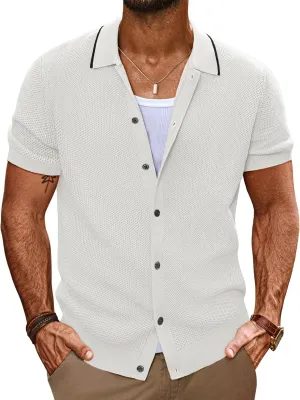 PJ PAUL JONES Men's Knit Button Down Shirts Short Sleeve Vintage Polo Shirt Casual Summer Beach Shirts